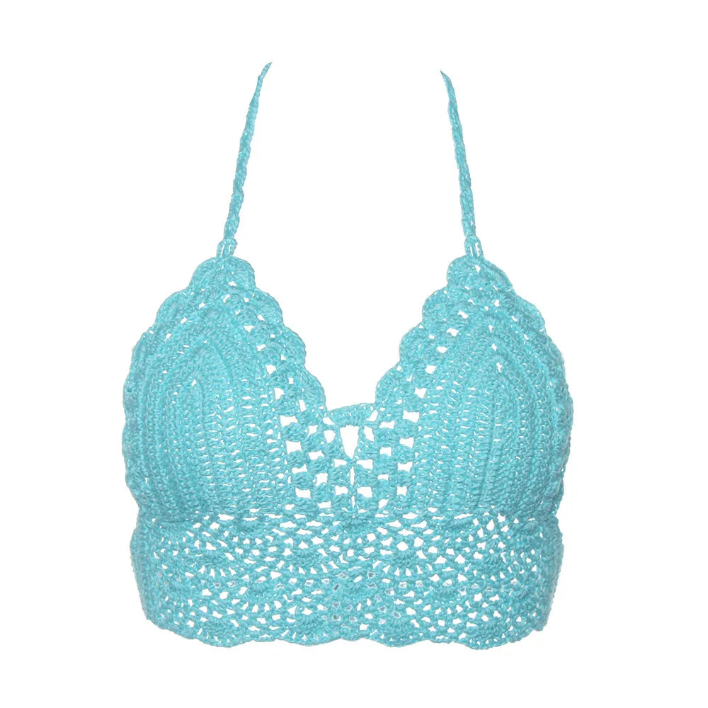 Women Summer Sexy Bikini Crochet Crop Top Boho Beach Camisoles Knit Bralette Bra Halter Neck Vest Holiday Beachwear