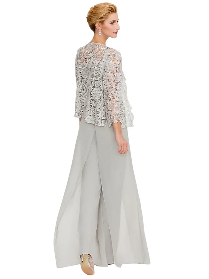 Jumpsuit Pantsuit 3 Piece Floor Length Sleeveless Square Neck Elegant Formal Wedding Guest Chiffon Mother of the Bride Dress