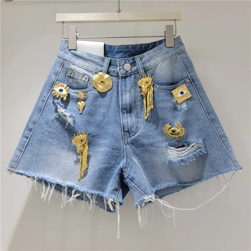 Women Denim Shorts Holes Spliced Print Jeans Pockets Solid Wide Leg Short Pant Tassels High Waist Trousers Casual Streetwear