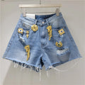 Women Denim Shorts Holes Spliced Print Jeans Pockets Solid Wide Leg Short Pant Tassels High Waist Trousers Casual Streetwear