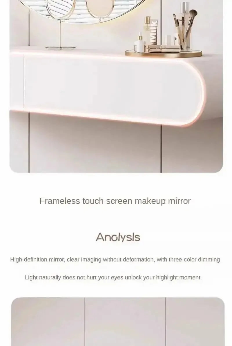 Cream Minimalist Wall Mounted Dressing Table with Mirror Suspended Vanity Desk for Bedroom Small Space Modern Makeup Table