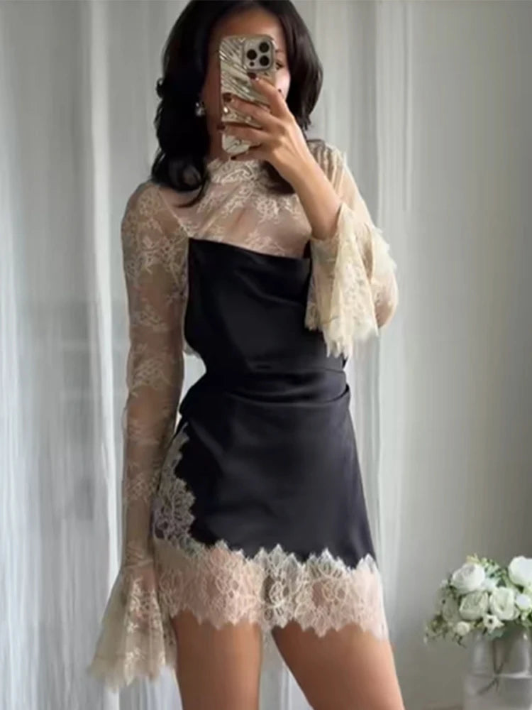 Elegant Sexy Lace Patchwork Mini Dress Women Full Flared Sleeve Waist Cinching See Through Short Dresses Lady Club Party Gowns