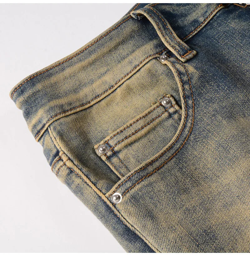 2026 New Men's Fashion Snake Embroidery Denim Jeans Vintage Blue Snakeskin Leather Patch Stretch Pants Skinny Tapered Trousers