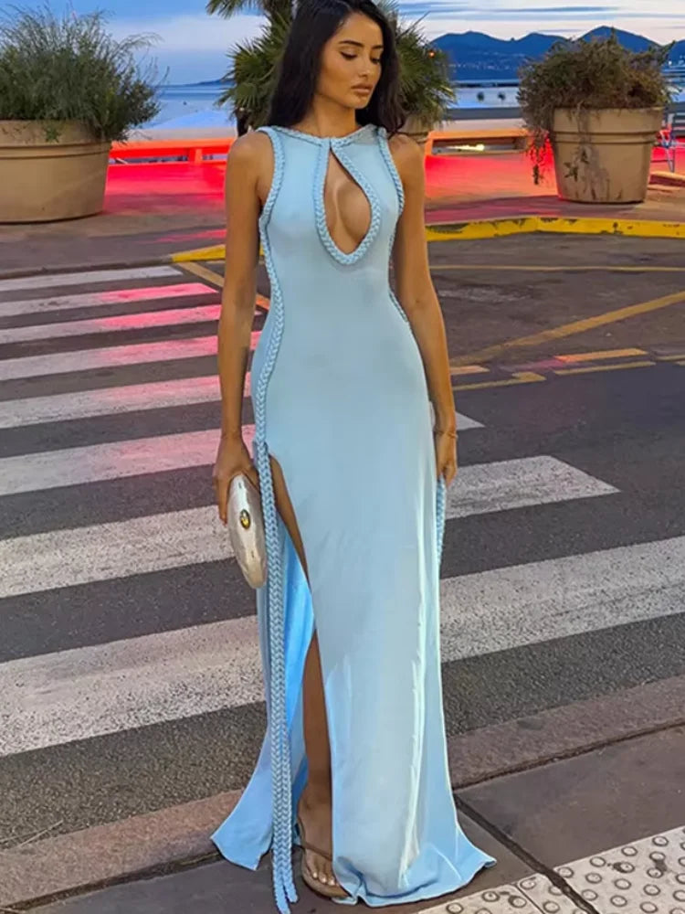 Women Solid Braided Trim Cutout Maxi Dress Sleeveless High Slit Bodycon Fit Gown 2026 Summer Elegant Evening Formal Party Outfit