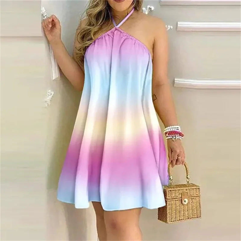 2024 Summer Off The Shoulder Hanging Neck Lace-up Dresses Women Elegant Print Backless Sleeveless Dress Female Casual Short Gown