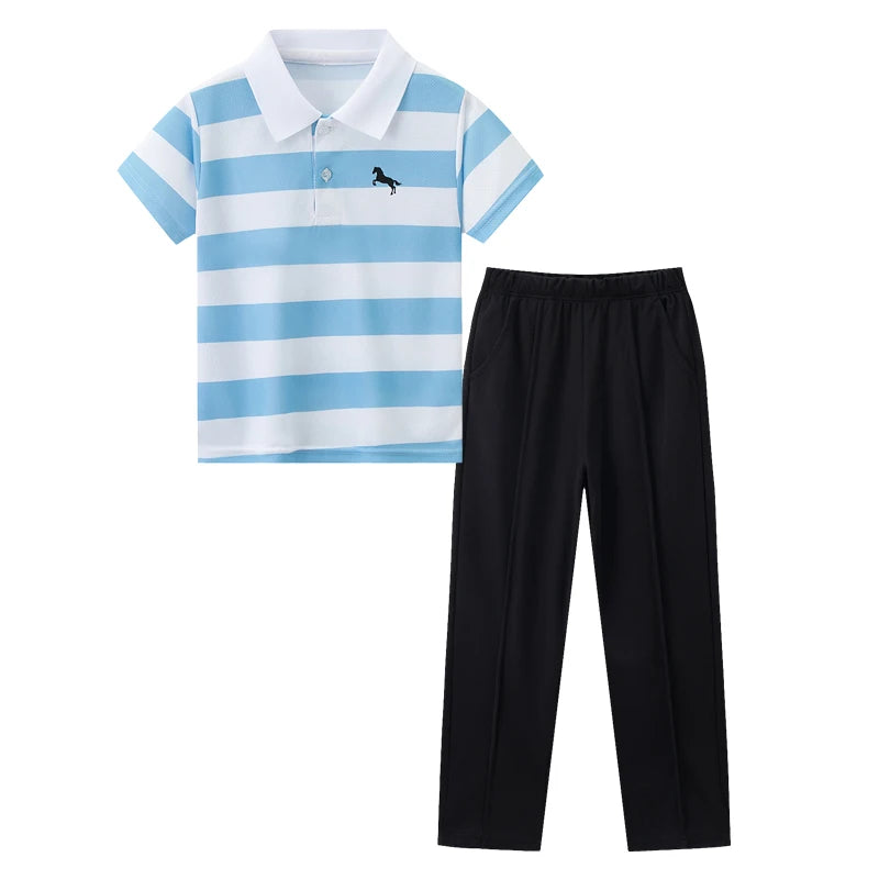 2-piece Summer Children's Casual Suit For Boys Cool Polo Short Sleeved Top Comfortable Solid Color Pocket Pants Trendy Clothing