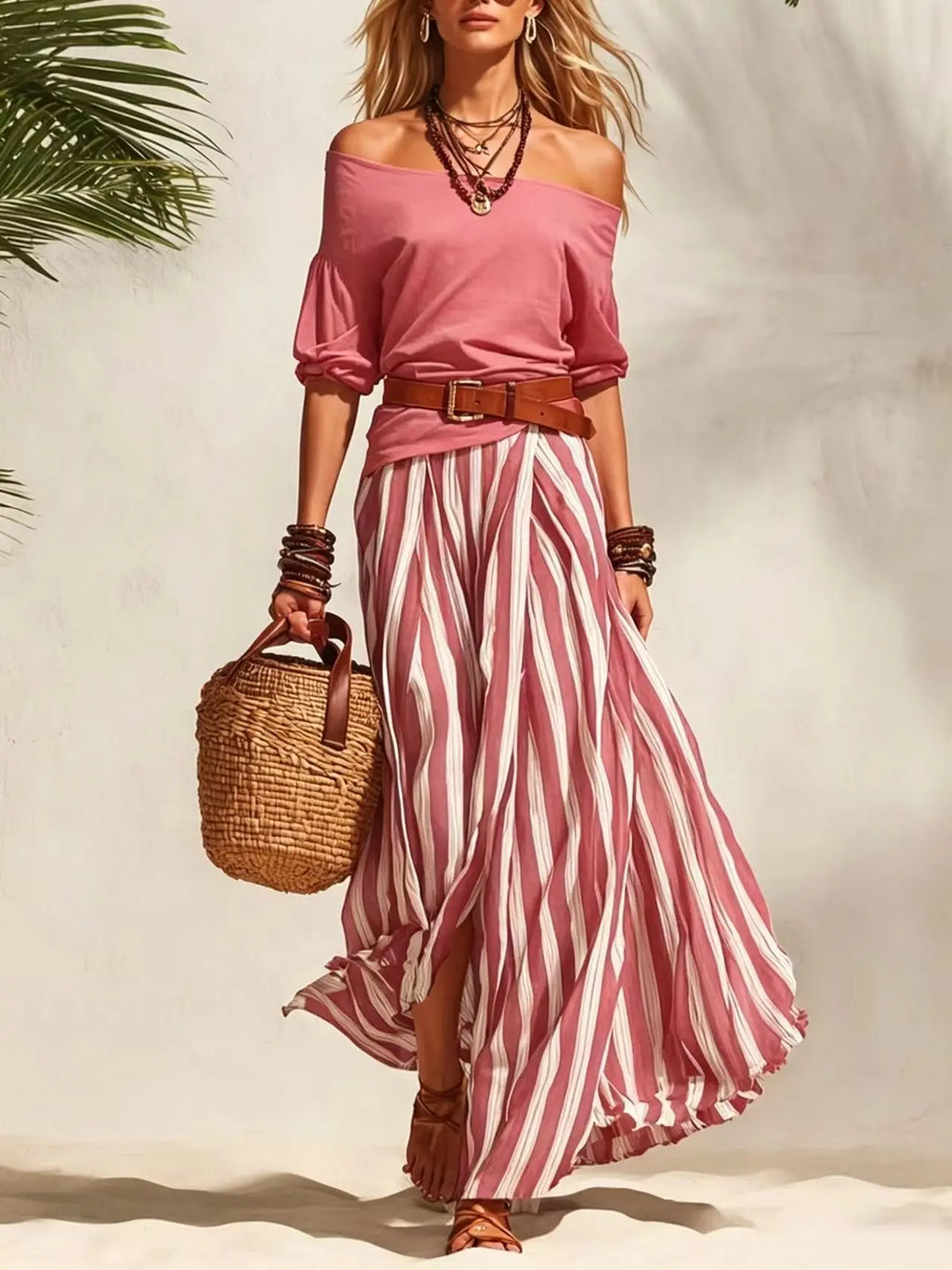 Women Multiple Colors Off Shoulder Puff Sleeve Top Vertical Stripe Flowy Maxi Skirt 2 Piece Outfit Loose Casual Vacation Set