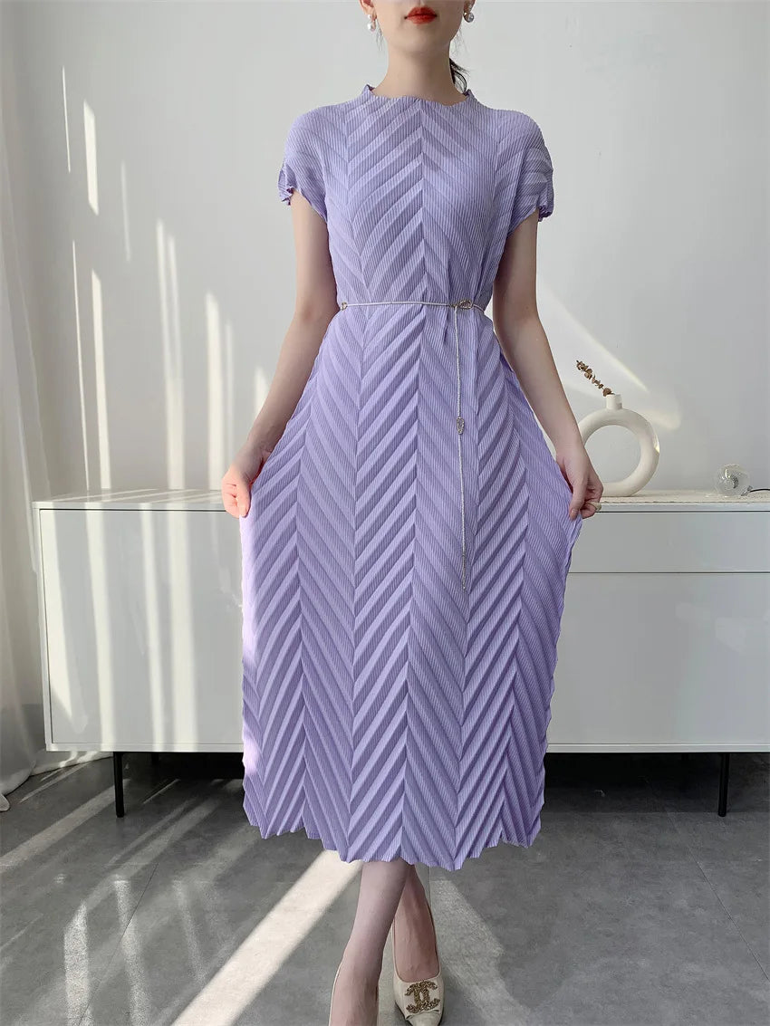 Miyake Handmade Pleated Dress Women's 2026 Spring New Solid Color Half-high Collar Sleeves Pullover Elegant Pleated Skirt
