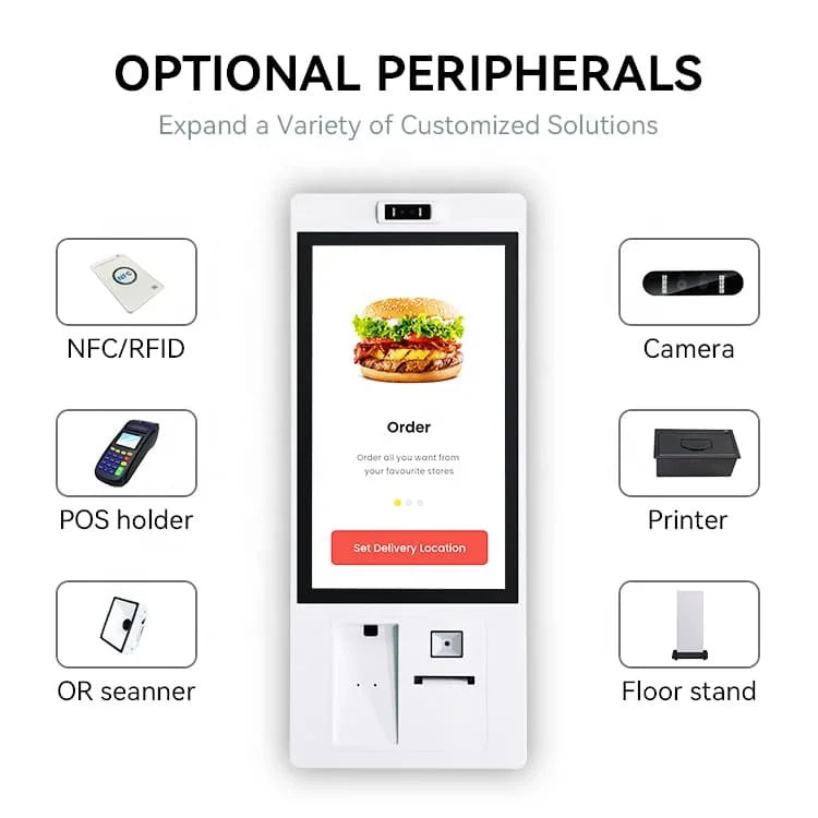 OEM Self Service Ordering Terminal With 23.8 27 Inch FHD Screen Kiosk Support Multiple Languages UI For Retail Food Chains