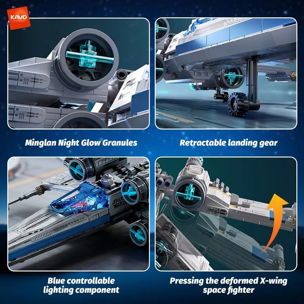 KAVOWORLD X-Wing Space Fighter Jet Building Blocks Toys Set with Pilot High-Technical Linked Wing Transformable Aircraft Model with LED Lights Retractable Landing Gear Spaceship Toy for Adults Birthday Christmas Gift for Spac