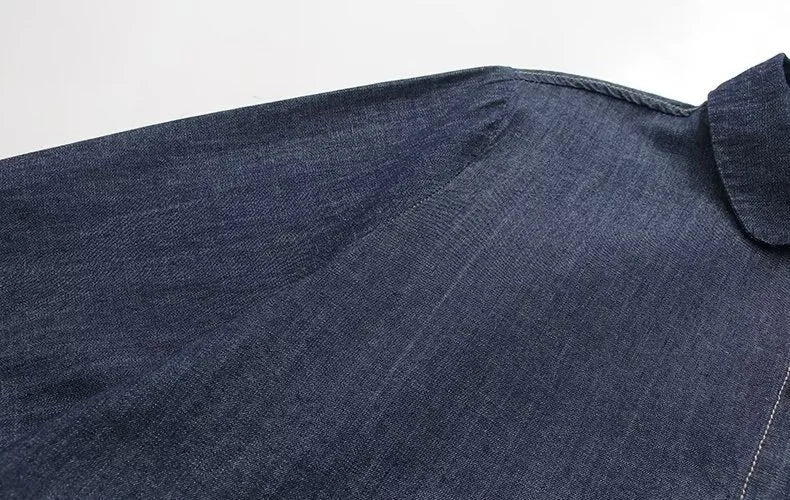 Mori kei denim blouses women spring autumn Japanese peter pan collar blue solid denim shirts casual jean basic shirts