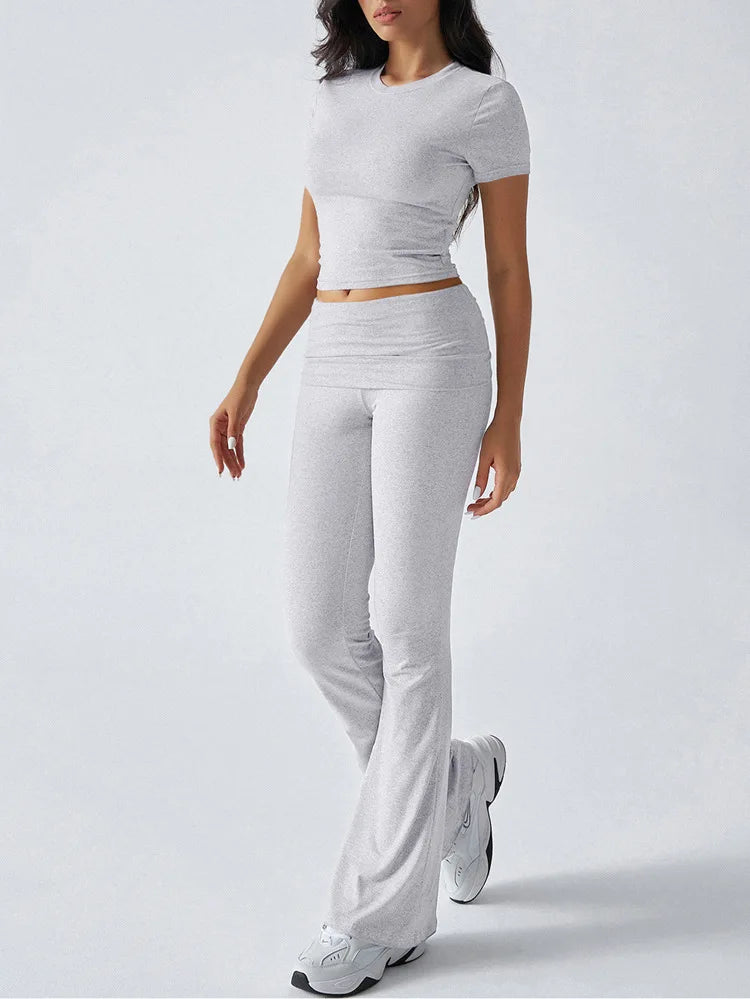 Women's Sexy Tops Suits 2026 Summer Latest Casual Solid Color Yoga Suit Slim Fit Sports Short Sleeved Pants Two-Piece Set Outfit