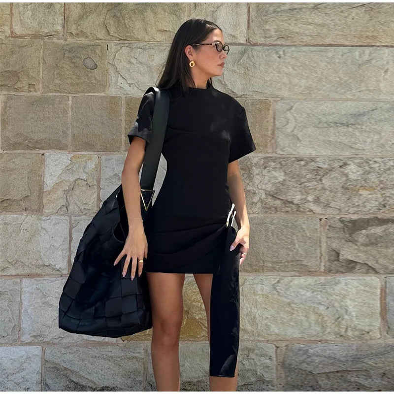 Elegant Mini Dress Woman Ribbons Slim O-neck Short Sleeve Above Knee Dresses Female Spring Summer Party Robe Lady High Street