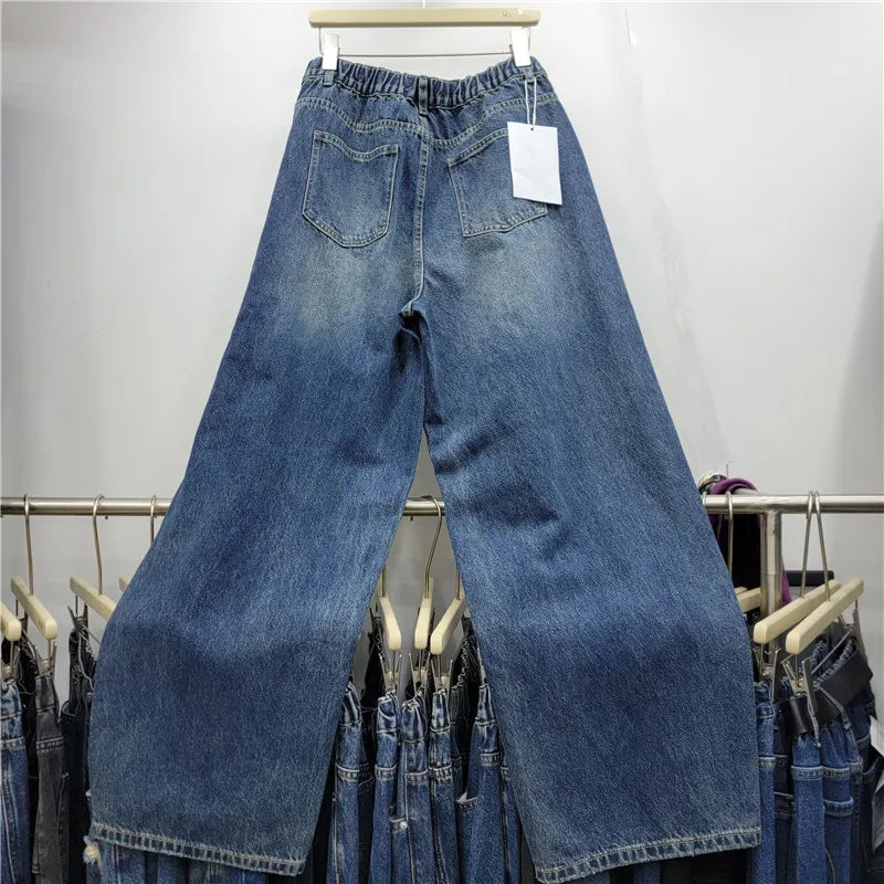 American Retro Hot Chick New Spring Autumn Wide Leg Jeans Personality Denim Splicing All-match High Waist Blue Straight Pants