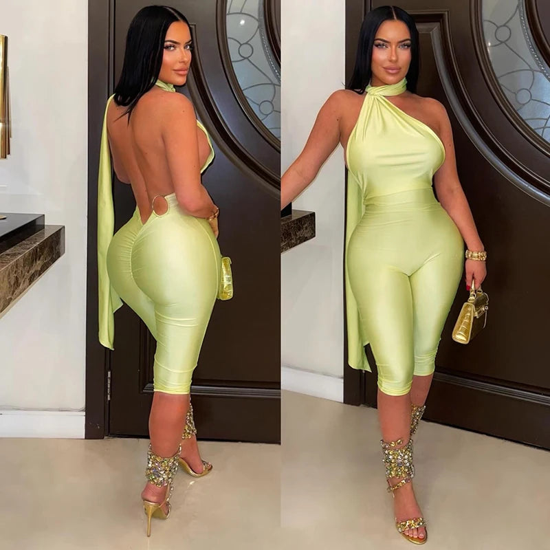 Women Fashion Overalls Playsuits Beach Vacation Clubwear Sexy Backless Ruched Halter Neck Tie Solid Slim Fit Capris Jumpsuit