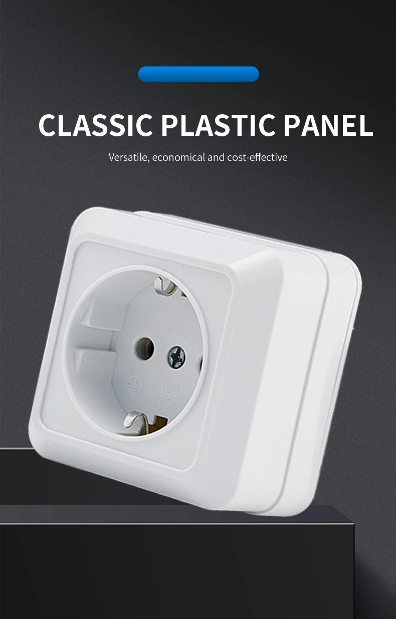 WESA White Wall Mount Socket EU Standard Electrical Outlett Ground Vintage Surface Power Socket Plugs Flame Retardant Plastic