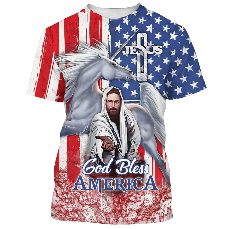 New 3D Print Jesus Lion Eagle Graphic T Shirt For Men Women Tees Trendy Unisex USA Flag T-shirts Casual Short Sleeve Kids Tops