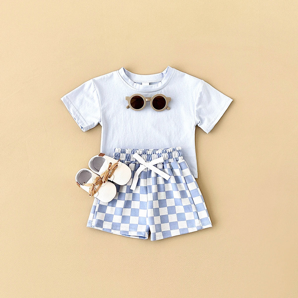 2PCS Kids Clothes Baby Boys Girls Solid Color Short Sleeve T-shirt Plaid Pattern Shorts Sets Baby Clothing Sets 0-3Y