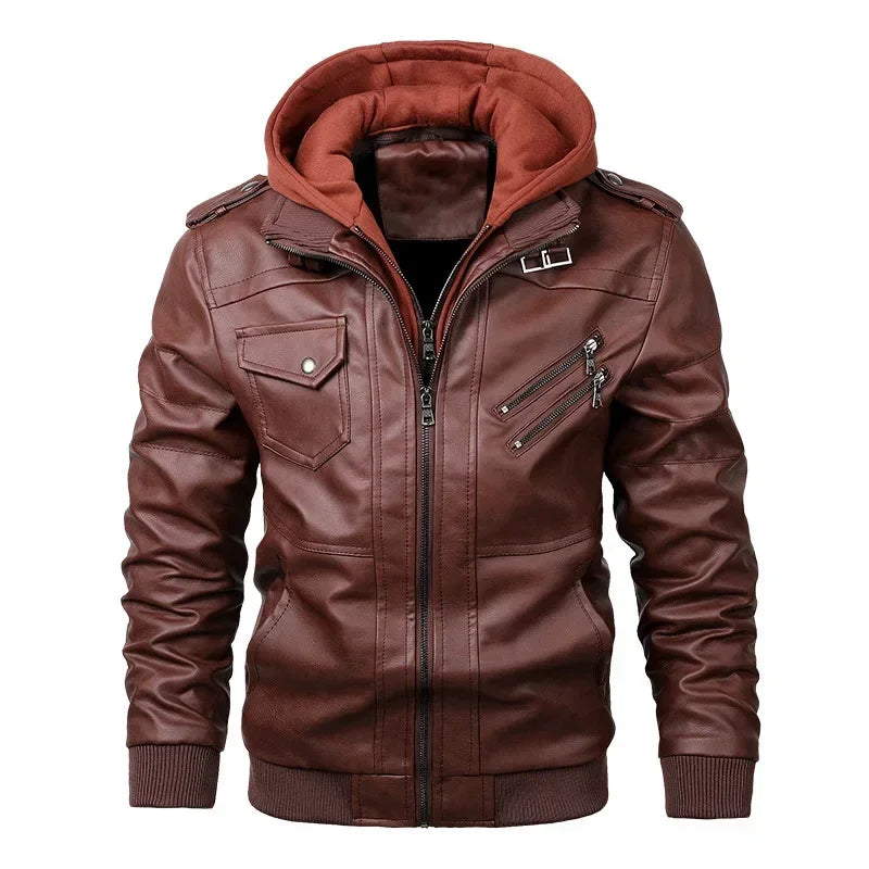 New Men's Hooded Leather Jackets Autumn Winter Casual Zipper Motorcycle PU Jacket Biker Leather Coat Hat Detachable Punk Outwear