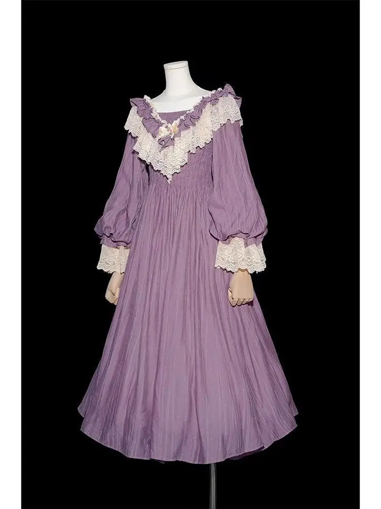 Nicemix Purple Classic Vintage Lantern Sleeve Lolita Dress Spring Lace Spliced Sweet Slimming A-line Dress
