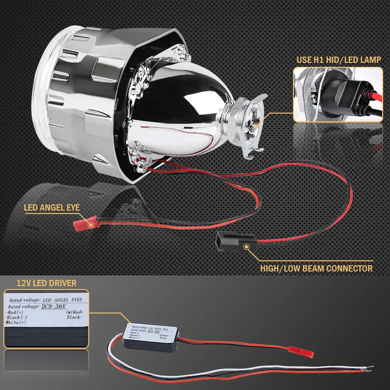 1pc 2.5 inch Bi-xenon Lens LED Angel Eyes Projector Headlight Lenses DRL Running Light Black/Silver Shrouds Accessories Retrofit