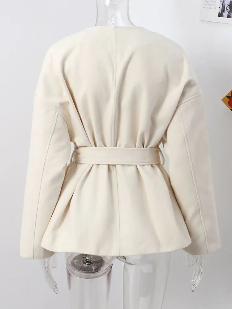 Collarless Belt Jacket Coat Lace-up Minimalism Beige Gentle Short Woolen Overcoat Waist Cinching Women Autumn Winter Overcoat