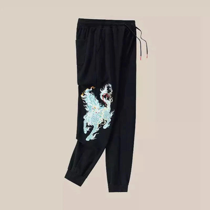 Lyprerazy Men's Casual Pants Embroidered Cotton Sweatpants National Tide Loose Straight Elastic Waist Pants
