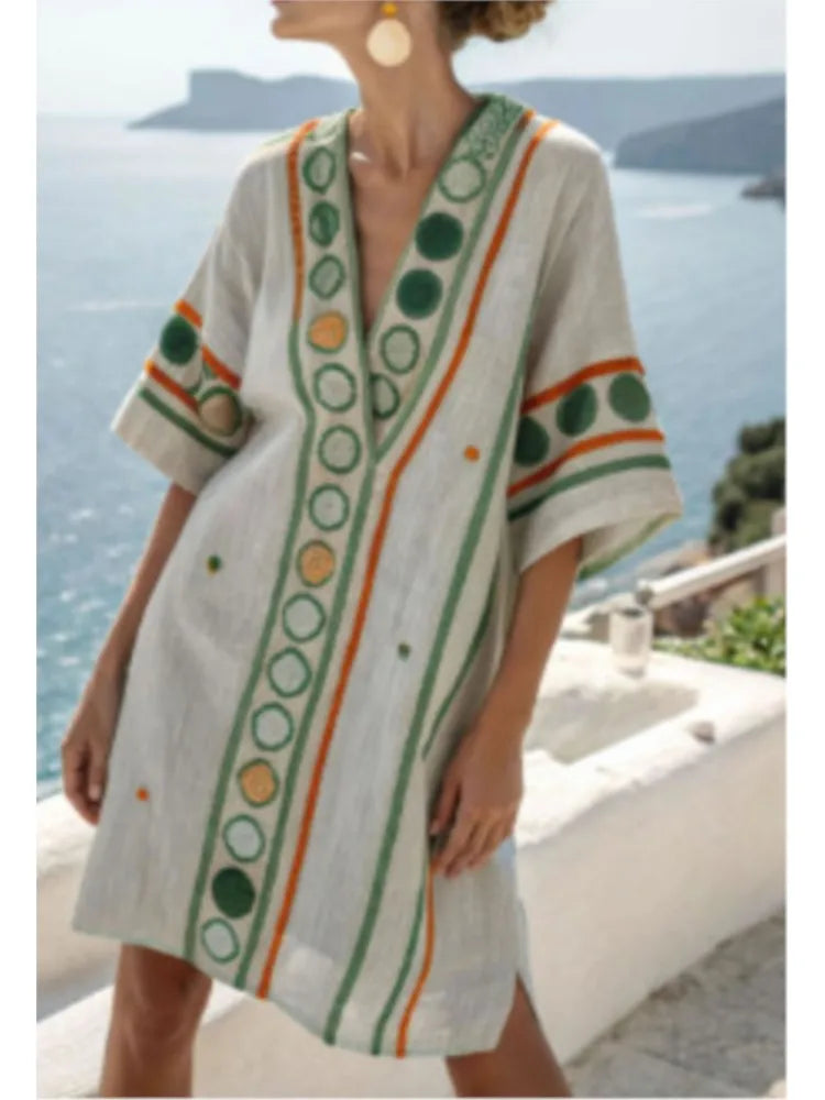 Fashion Retro Printed Short-sleeved Loose Women's Dress New Summer Style Deep V Neck Casual Seaside Vacation Female Dresses 2025