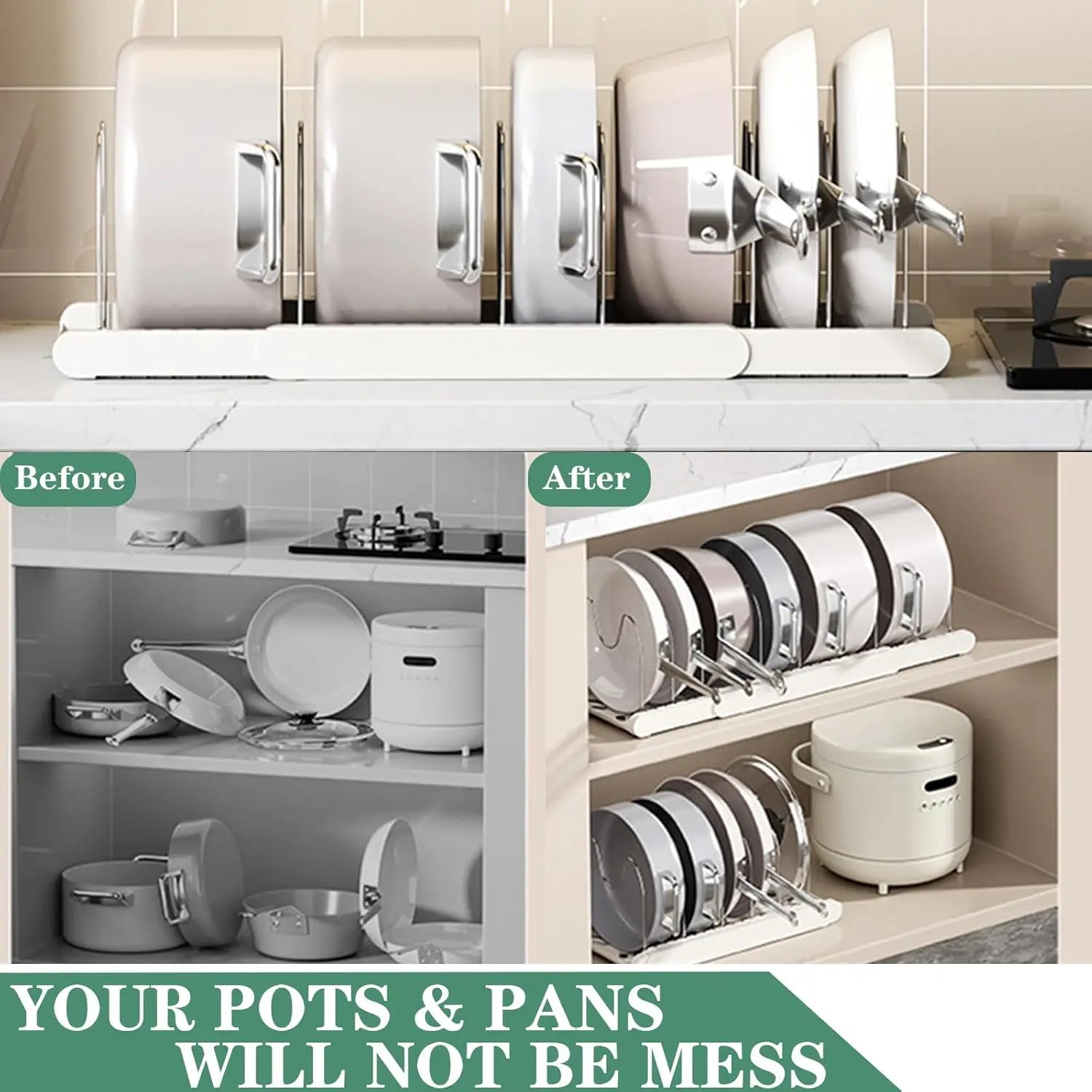 Expandable Pans Organizer Rack Kitchen Cabinet Pan Rack Utensil Rack, Dish Drainer Space-Saving Cabinet Storage Rack Christmas