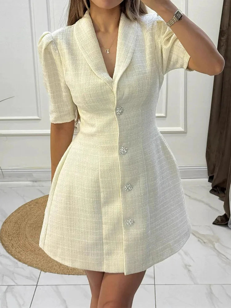 Exquisite casual dress spring and autumn new style lapel short sleeved solid color waist cinched princess style short skirt