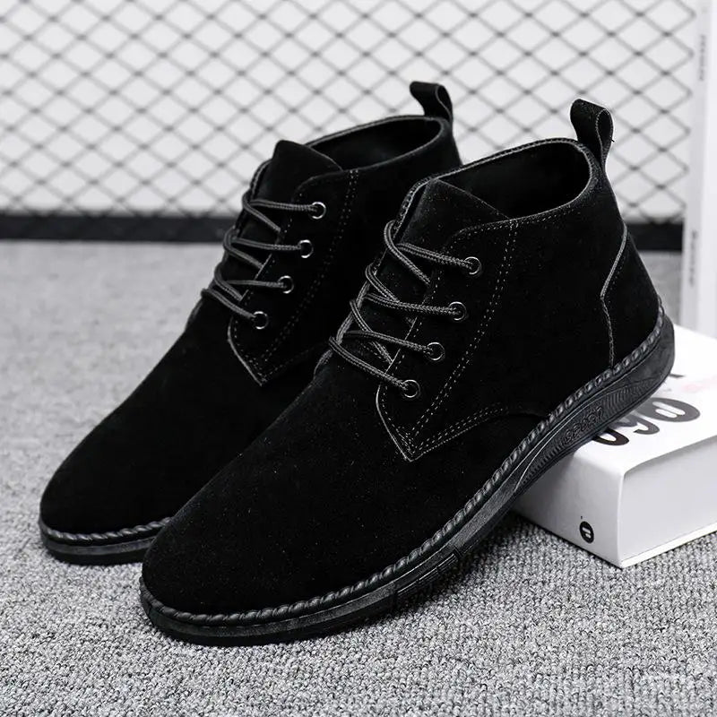 High Top Casual Grey Suede Shoes Men's Lace Up Black Flat Bottom Short Boots Men's Chelsea Boots High-quality Brand Denim Boots