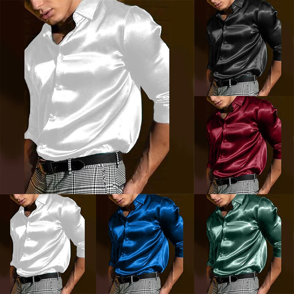 Fashion Autumn Satin Silk Solid Color Long Sleeve Single Breasted Shirt Wedding Party Business Shirts Camisas De Hombre For Men