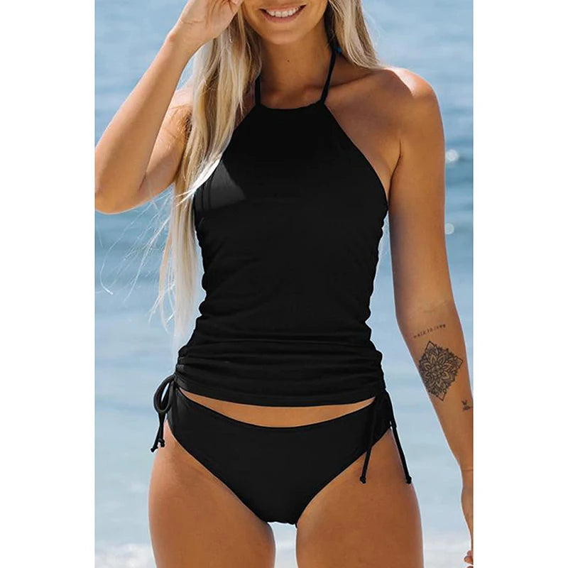 Women's 2 Piece Outfits Swimwear Bikini Set Coquette Sexy Halter Sleeveless Backless Crop Tops Solid Color Panties