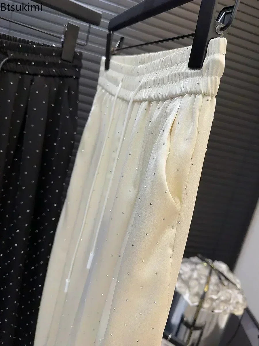 2026 High Quality Luxury Full Rhinestone Wide Leg Pants Fashion New Drawstring High Waist Straight Pants Ladies Casual Trousers