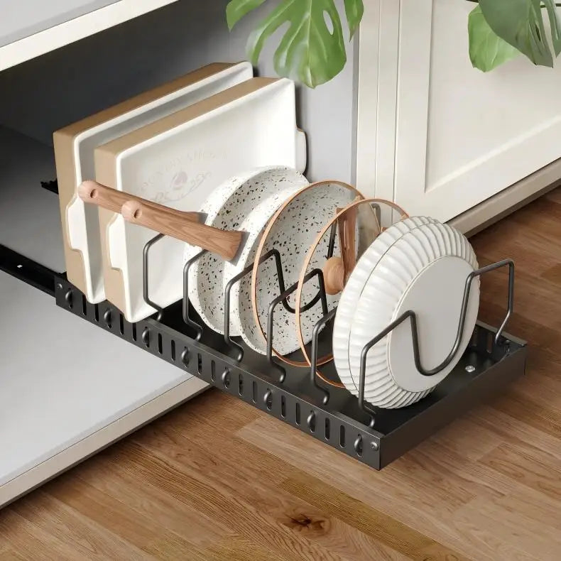 Kitchen Multifunctional Organizer - Pull-Out for Pots/Pans, Sliding Lid Holder, Spice Rack & Dish Drying Racks Drawer Organizer