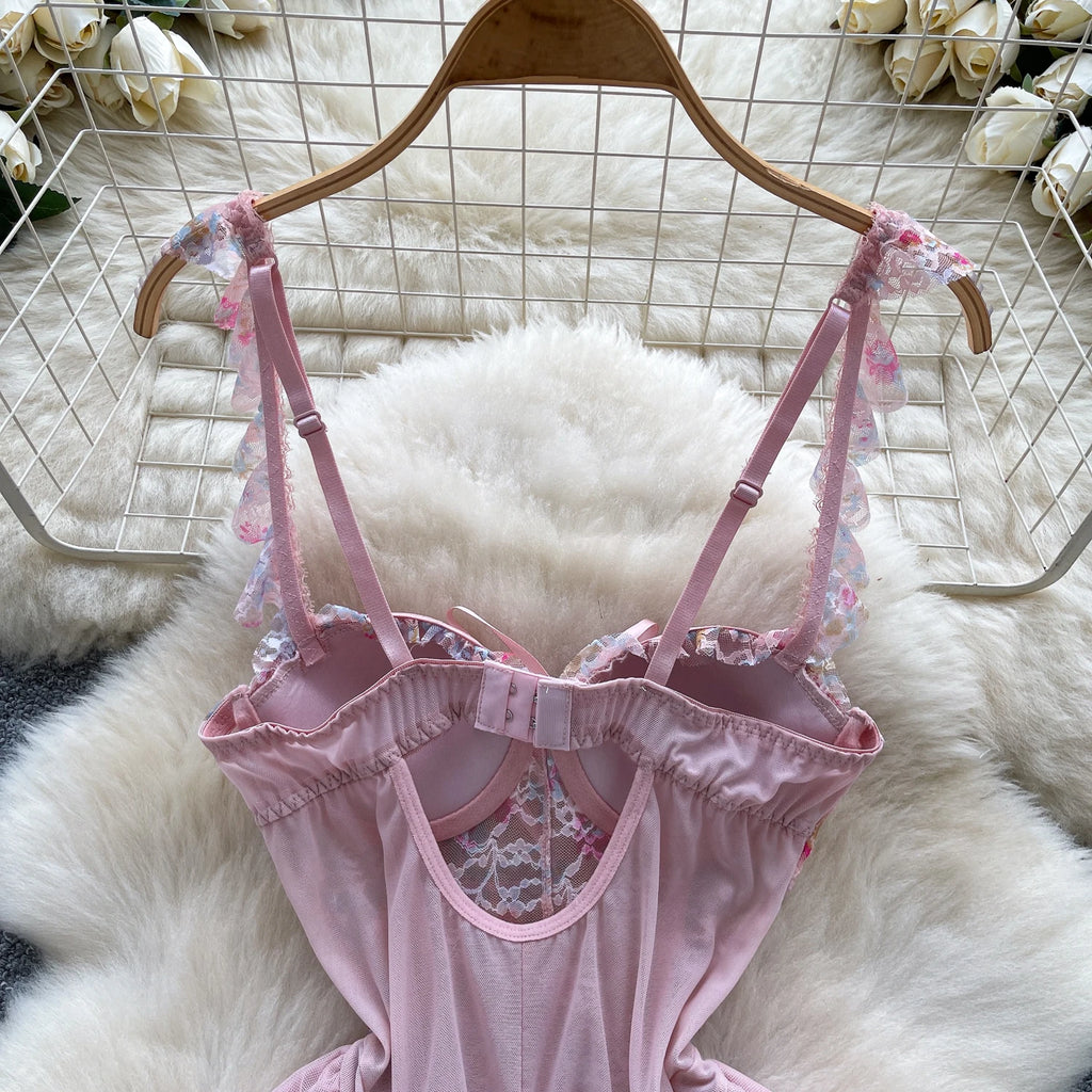SINGREINY Strap Corset Lingerie Nightdress New Sleeveless Slim Floral Print Mini Nightwear Shapewear Mesh Lace Erotic Mini Dress