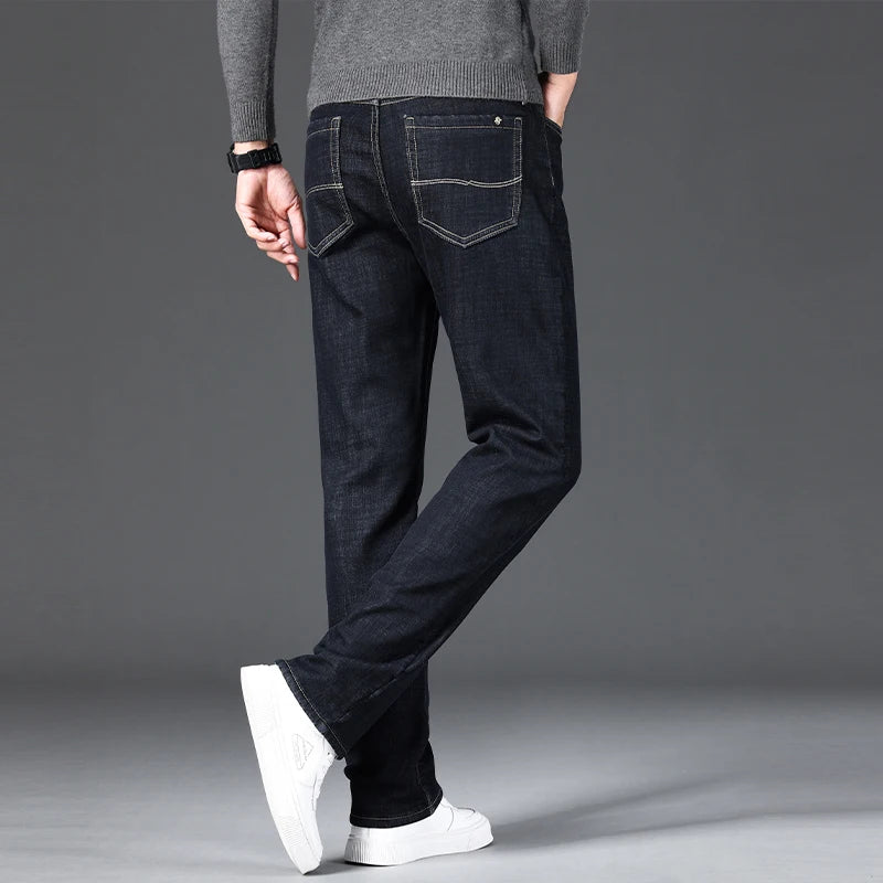 Men Winter Fleece Warm Jeans Brand 2024 Fashion Business Pants Retro Classic Denim Trousers Autumn Casual Stretch Slim Jeans Men