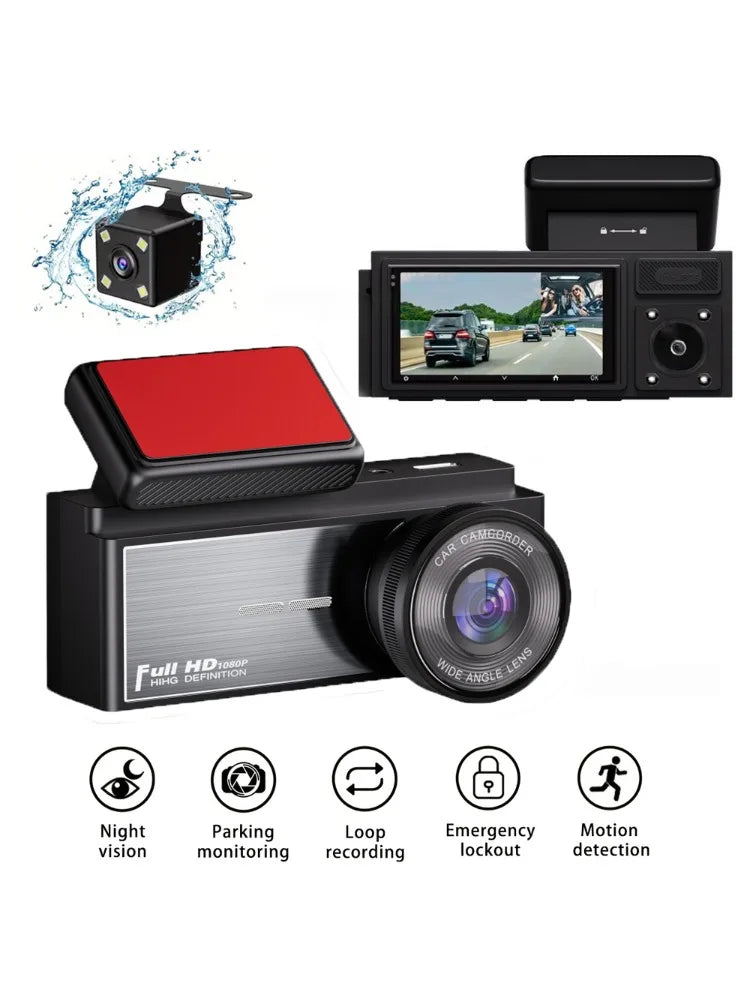 Three Camera Dash Camera, Front, Inside, and Rear Camera, Car Dash Cam, Wide Angle, HD Night Vision, Loop Recording, Car DVR