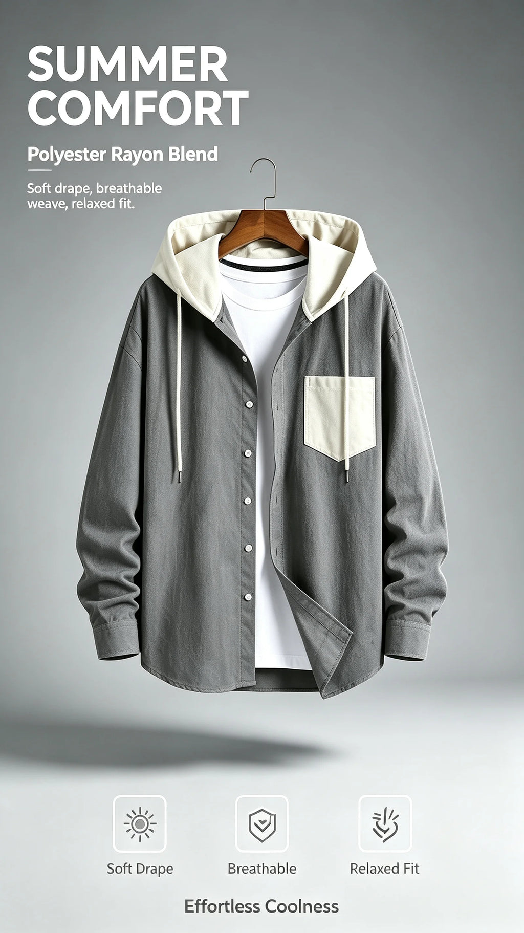 Men Contrast Color Hooded Shirt Long Sleeve Single Pocket Breathable Loose Casual Outerwear For Daily Wear