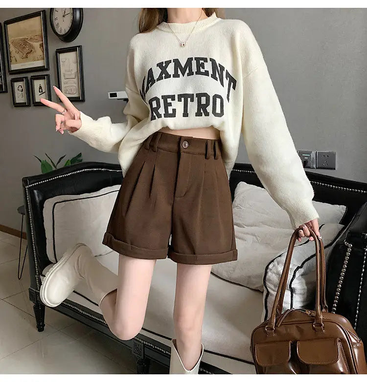 Women Office Lady Summer 2025 Solid Brown Thick High Waist Shorts Korean Style Wide Leg Boot Pants