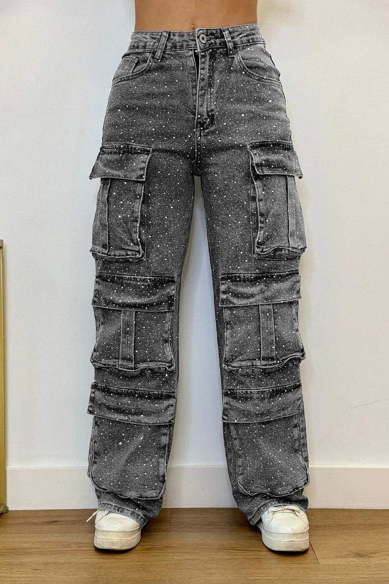 New 2026 Women's High Waist Cargo Denim Jeans with Full Rhinestones Sparkling Casual Baggy Pants Streetwear Chic Daily Trousers