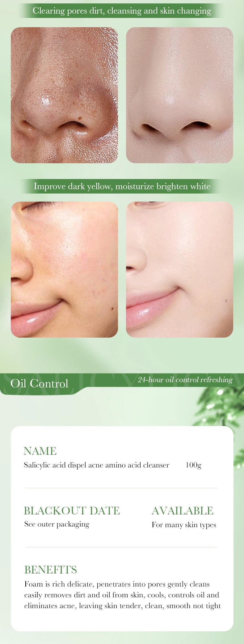 Salicylic Acid Face Wash – Oil Control Deep Cleansing Foaming Cleanser for Oily Acne-Prone Skin, Gentle Amino Acid Formula