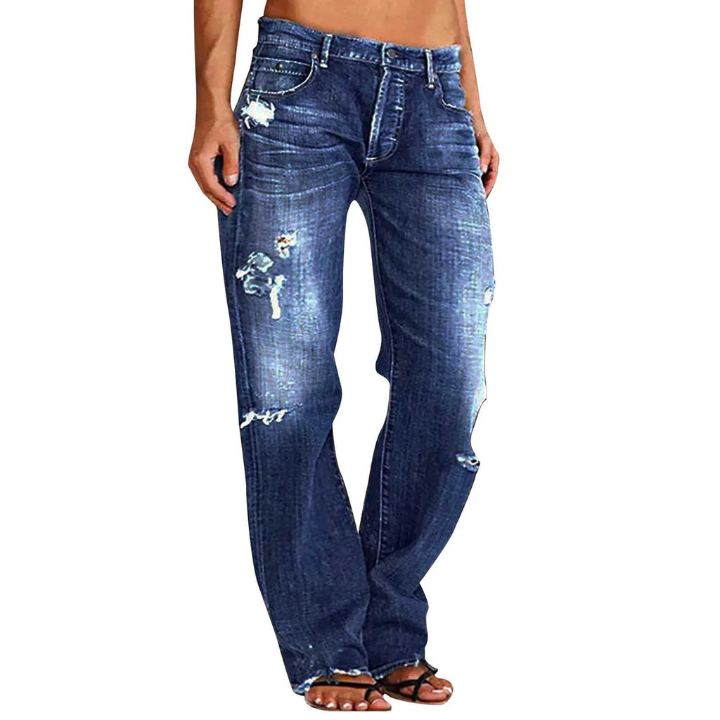 Women Men Denim Pants Casual Ripped Loose Straight Leg Jeans Trousers Trendy Bottoms for Streetwear