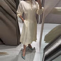 Casual Cotton Midi Dress Women O Neck Lace Up Lantern Sleeves Slim Waist A Line Robe Female 2026 Summer New Chic Solid Dresses