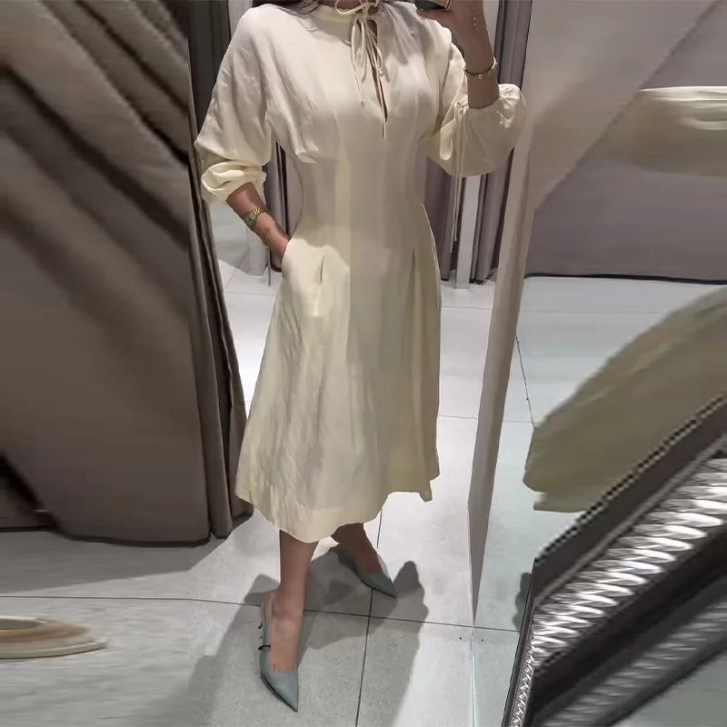 Casual Cotton Midi Dress Women O Neck Lace Up Lantern Sleeves Slim Waist A Line Robe Female 2026 Summer New Chic Solid Dresses