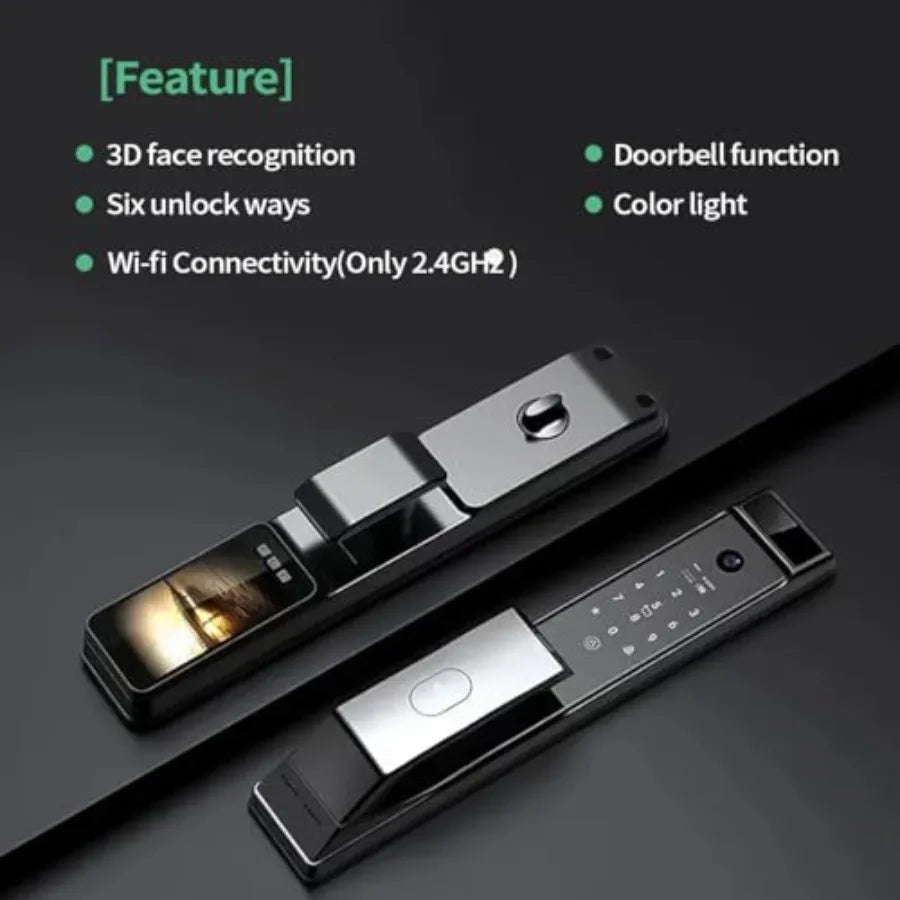 Smart Door Lock with Camera for Home Security: Aluminum Alloy, Black, 3D Face Recognition, Fingerprint Biometrics, Wi-Fi Remote