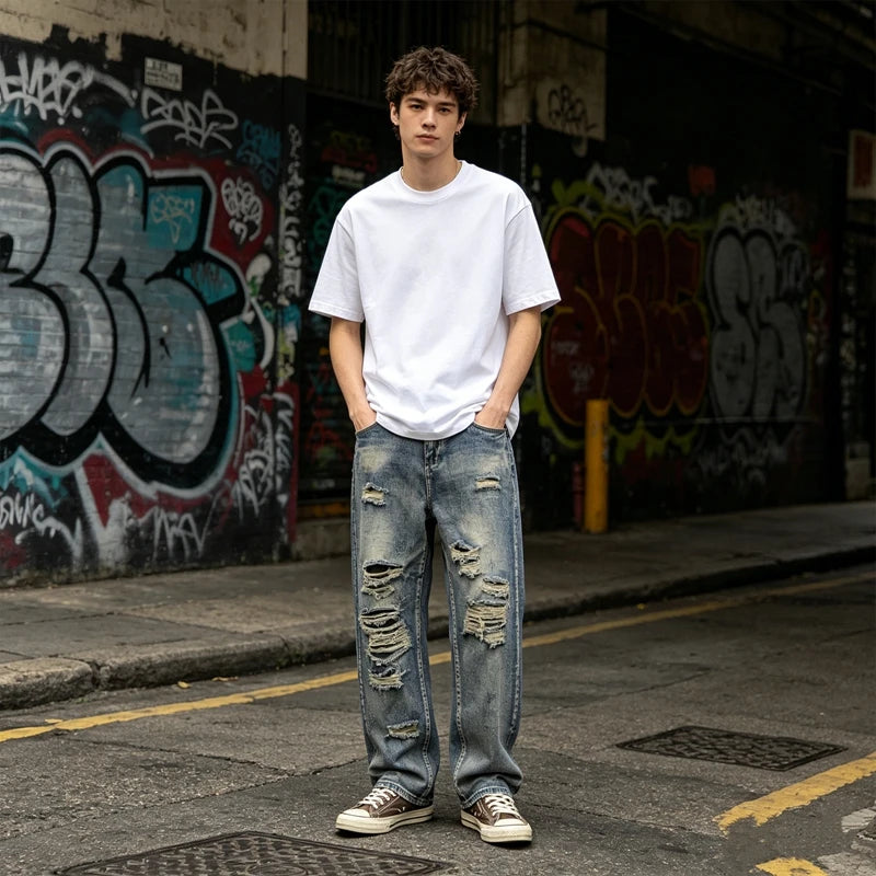Men's Vintage Washed Distressed Ripped Tapered Jeans Slim Fit Straight Leg Destroyed Denim Pants Streetwear Y2k Jean Trousers