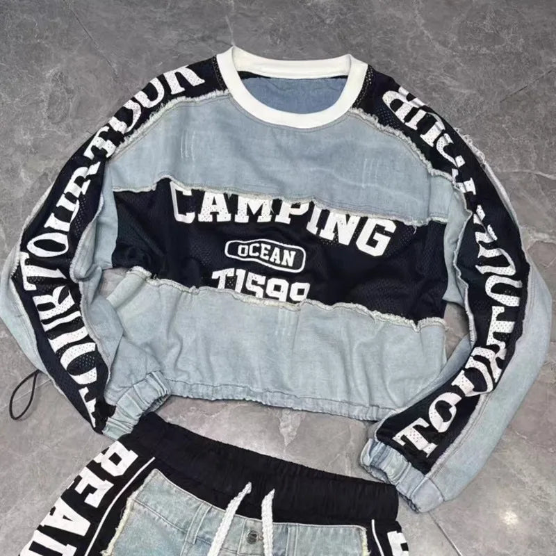 ANJY Autumn Women European Trendy Street Denim T-Shirt Personalized Letter Print Drawstring O-Neck Long Sleeve Sweatshirt A10809