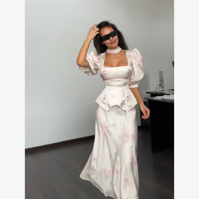 Women Floral Print Short Sleeve Maxi Dress Fashion V-neck Ruffle Trim Belted Slit Hem Dresses Casual Lady Daily Vacation Gowns