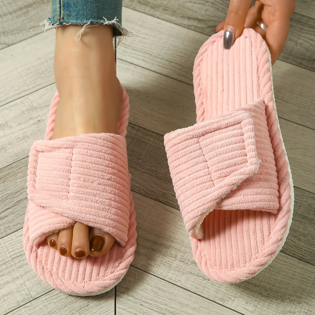 Winter Women's Corduroy Orthopedic Slippers with Arch Support Velcro Adjustable Open Toe Shoes Cotton Home Flat Slides